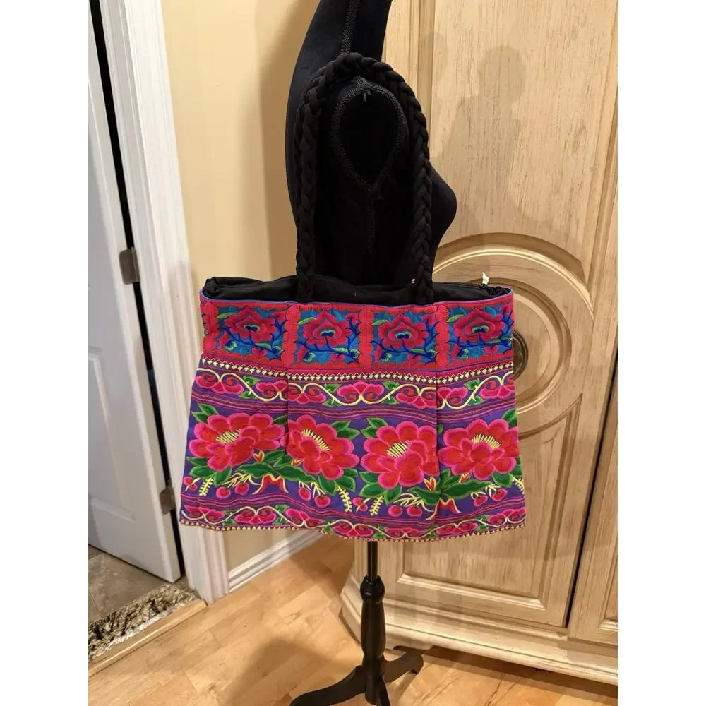 Handmade Hmong Tote Bag Large Size, Tribal Embroidered Tote Bag, Thai Beach Bag